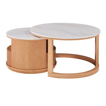 GOODSILO Round Nesting Coffee Table with Marble Top and Storage Drawer