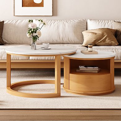 GOODSILO Round Nesting Coffee Table with Marble Top and Storage Drawer