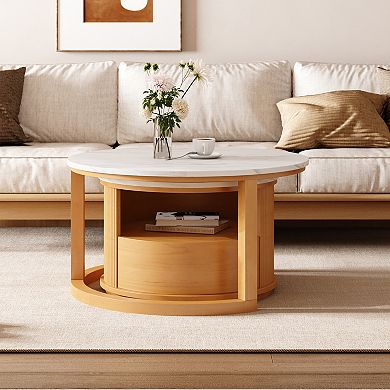 GOODSILO Round Nesting Coffee Table with Marble Top and Storage Drawer