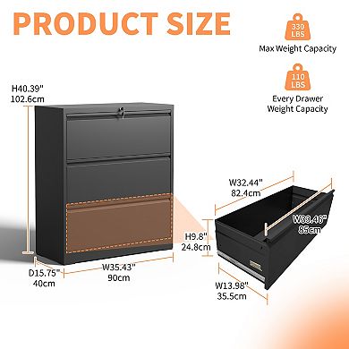 GOODSILO Heavy-Duty 3-Drawer Lateral File Cabinet with Security Lock and Anti-Tilt Safety Features