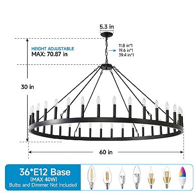 ELEMENT ACE Extra Large 36-Light Farmhouse Wagon Wheel Style Chandelier Light Fixture