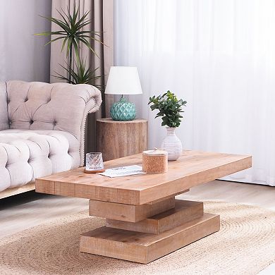 GOODSILO Modern Rustic Rectangular Wood Coffee Table with Stacked Block Base Design