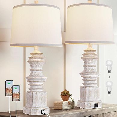ELEMENT ACE Set of 2 Farmhouse Style USB Charging Table Lamps with Three Color Temperature Modes