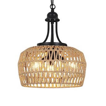 ELEMENT ACE Farmhouse 3-Light Boho Rattan Chandelier with Woven Shade Ceiling Fixture