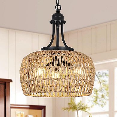 ELEMENT ACE Farmhouse 3-Light Boho Rattan Chandelier with Woven Shade Ceiling Fixture
