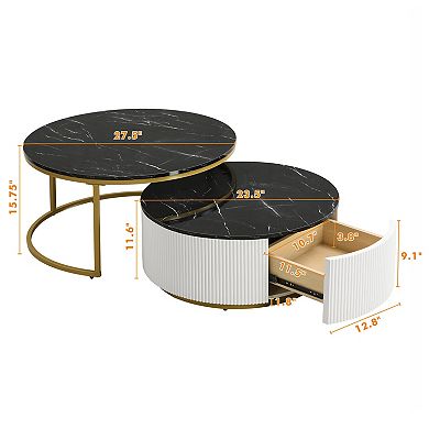 GOODSILO Modern Round Nesting Coffee Table with Fluted Base and Storage Drawer for Living Room