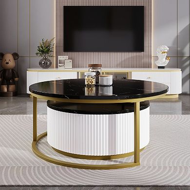 GOODSILO Modern Round Nesting Coffee Table with Fluted Base and Storage Drawer for Living Room