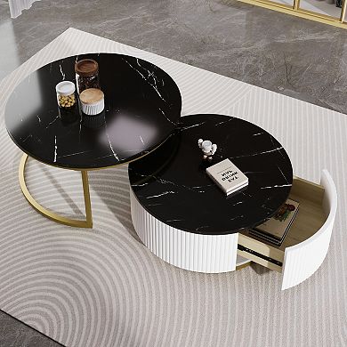 GOODSILO Modern Round Nesting Coffee Table with Fluted Base and Storage Drawer for Living Room