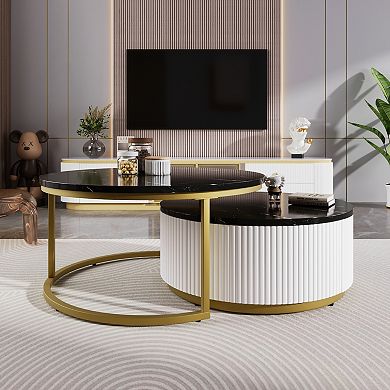 GOODSILO Modern Round Nesting Coffee Table with Fluted Base and Storage Drawer for Living Room