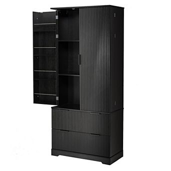 Modern Fluted Kitchen Pantry Cabinet with Large Drawers and Spice Rack