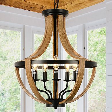 ELEMENT ACE Modern Geometric Wooden Frame Five-Light Ceiling Chandelier Fixture