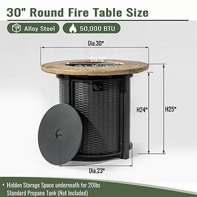 30" Propane Gas Fire Pit Table, 50000 BTU Round Steel Fire Pit with Imitation Wood Grain Finish