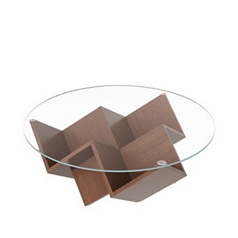 GOODSILO Round Coffee Table with Geometric Art Deco Base and Storage Shelves