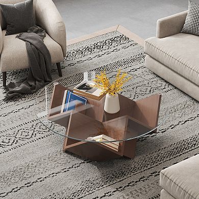 GOODSILO Round Coffee Table with Geometric Art Deco Base and Storage Shelves