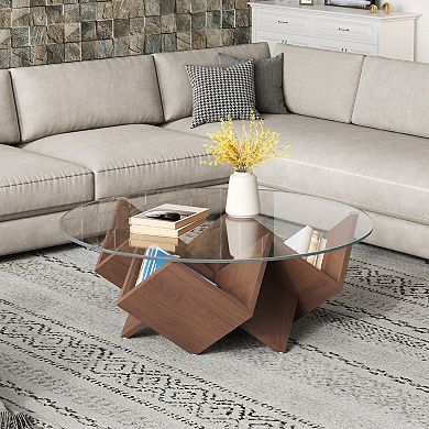 GOODSILO Round Coffee Table with Geometric Art Deco Base and Storage Shelves