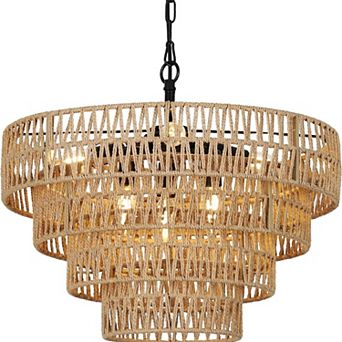 ELEMENT ACE Boho Rattan Six-Light Chandelier with Four-Tier Woven Shade for Dining and Living Rooms
