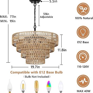 ELEMENT ACE Boho Rattan Six-Light Chandelier with Four-Tier Woven Shade for Dining and Living Rooms