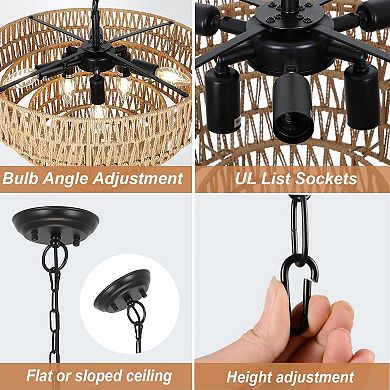 ELEMENT ACE Boho Rattan Six-Light Chandelier with Four-Tier Woven Shade for Dining and Living Rooms