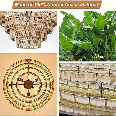 ELEMENT ACE Boho Rattan Six-Light Chandelier with Four-Tier Woven Shade for Dining and Living Rooms