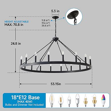 ELEMENT ACE 53.15" Matte Black Wagon Wheel Chandelier, 18 Light Vintage Industrial Style
