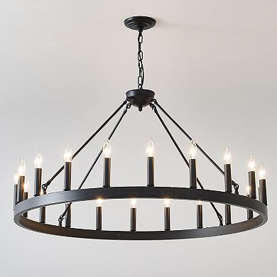 ELEMENT ACE 53.15" Matte Black Wagon Wheel Chandelier, 18 Light Vintage Industrial Style
