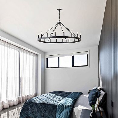 ELEMENT ACE 53.15" Matte Black Wagon Wheel Chandelier, 18 Light Vintage Industrial Style
