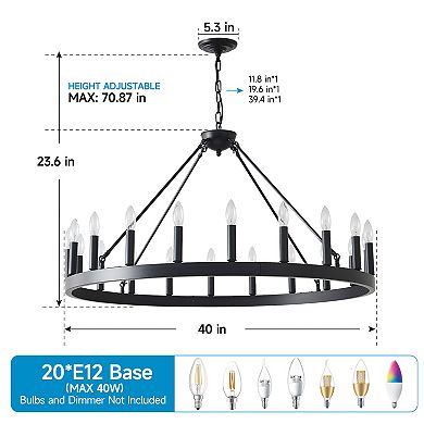 ELEMENT ACE Extra Large 20-Light Wagon Wheel Chandelier Farmhouse Style Round Light Fixture