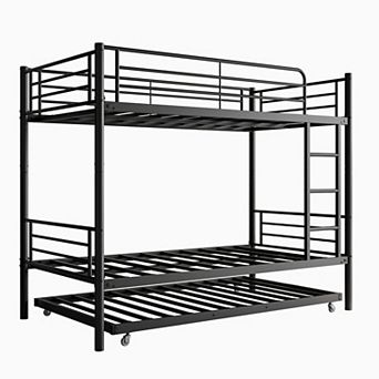 Twin Bunk Bed with Trundle Metal Bunkbeds with Ladder and Full-Length Guardrail