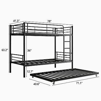 Twin Bunk Bed with Trundle Metal Bunkbeds with Ladder and Full-Length Guardrail