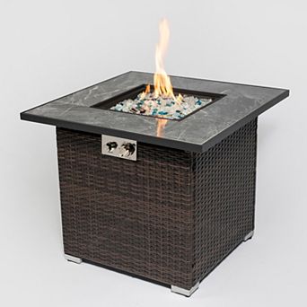 30" Propane Gas Fire Pit Table, 50000 BTU Square Fire Pit, Tile Tabletop with Wicker Base