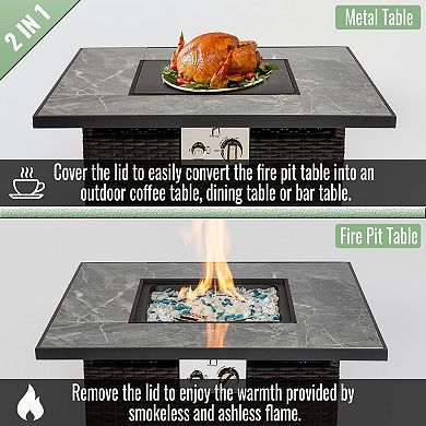 30" Propane Gas Fire Pit Table, 50000 BTU Square Fire Pit, Tile Tabletop with Wicker Base