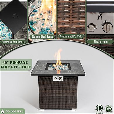 30" Propane Gas Fire Pit Table, 50000 BTU Square Fire Pit, Tile Tabletop with Wicker Base