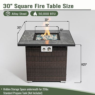 30" Propane Gas Fire Pit Table, 50000 BTU Square Fire Pit, Tile Tabletop with Wicker Base