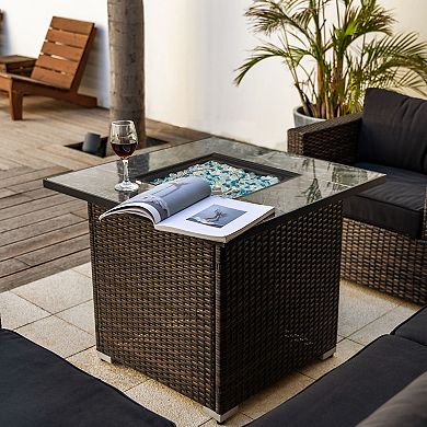 30" Propane Gas Fire Pit Table, 50000 BTU Square Fire Pit, Tile Tabletop with Wicker Base