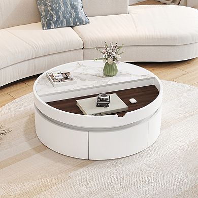 GOODSILO Round Lift-Top Coffee Table with Hidden Storage Drawer and Marble Wood Design