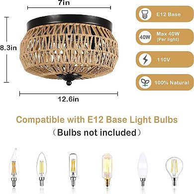 ELEMENT ACE Three-Light Woven Natural Fiber Flush Mount Ceiling Fixture with Handcrafted Cage Shade