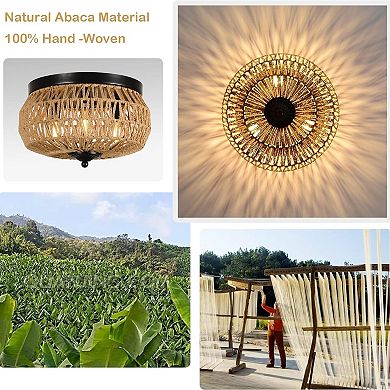 ELEMENT ACE Three-Light Woven Natural Fiber Flush Mount Ceiling Fixture with Handcrafted Cage Shade