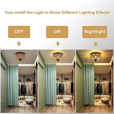 ELEMENT ACE Three-Light Woven Natural Fiber Flush Mount Ceiling Fixture with Handcrafted Cage Shade