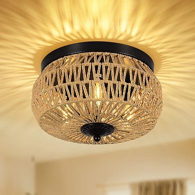 ELEMENT ACE Three-Light Woven Natural Fiber Flush Mount Ceiling Fixture with Handcrafted Cage Shade