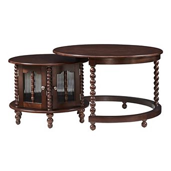 GOODSILO Vintage Round Nesting Coffee Table with Bamboo-Inspired Glass Doors and Retro Beaded Legs