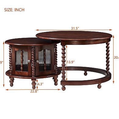 GOODSILO Vintage Round Nesting Coffee Table with Bamboo-Inspired Glass Doors and Retro Beaded Legs
