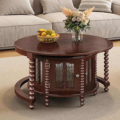 GOODSILO Vintage Round Nesting Coffee Table with Bamboo-Inspired Glass Doors and Retro Beaded Legs