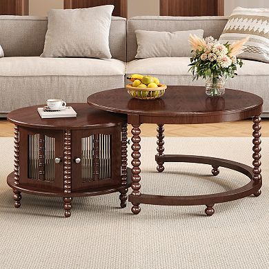 GOODSILO Vintage Round Nesting Coffee Table with Bamboo-Inspired Glass Doors and Retro Beaded Legs