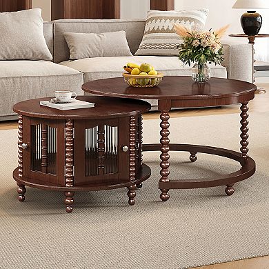 GOODSILO Vintage Round Nesting Coffee Table with Bamboo-Inspired Glass Doors and Retro Beaded Legs