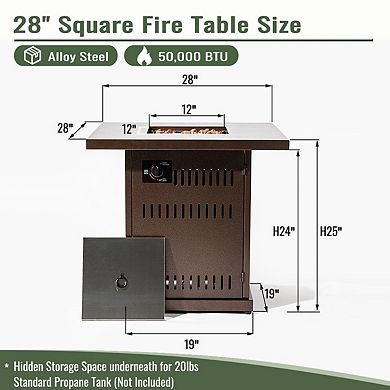 28" Propane Gas Fire Pit Table, 50000 BTU Square Steel Fire Pit
