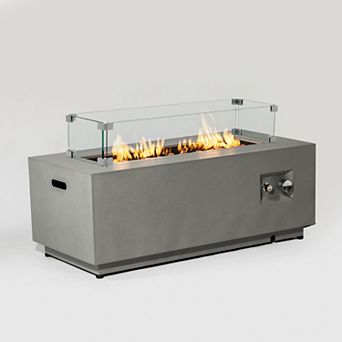 2 pc Propane Gas Fire Pit Table, 50000 BTU Rectangular Steel Fire Pit with Glass Wind Guard