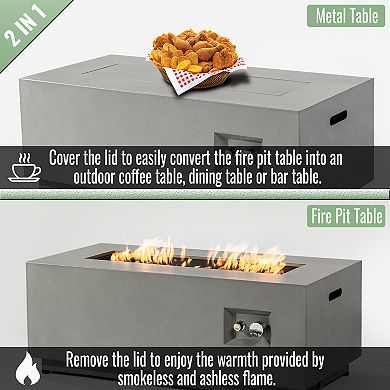 2-Pieces Propane Gas Fire Pit Table, 50000 BTU Rectangular Steel Fire Pit with Glass Wind Guard