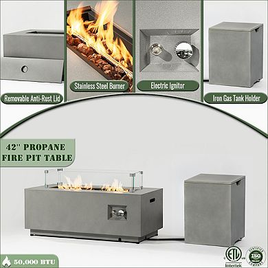 2-Pieces Propane Gas Fire Pit Table, 50000 BTU Rectangular Steel Fire Pit with Glass Wind Guard