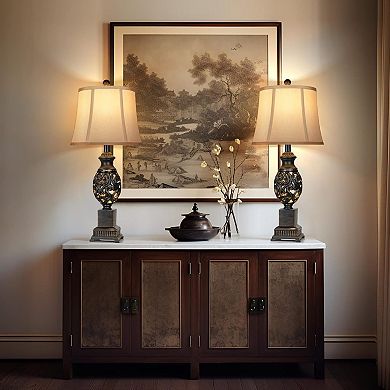 ELEMENT ACE Set of Two Tall Traditional Table Lamps with Nightlight Feature and Linen Shades