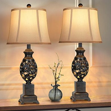 ELEMENT ACE Set of Two Tall Traditional Table Lamps with Nightlight Feature and Linen Shades